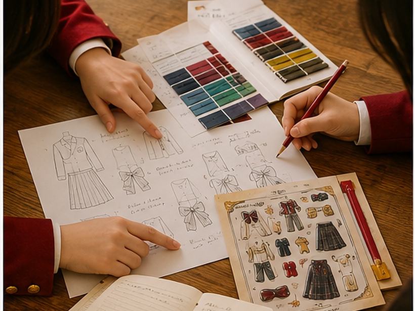 制服のスケッチと色見本を広げた制作イメージ