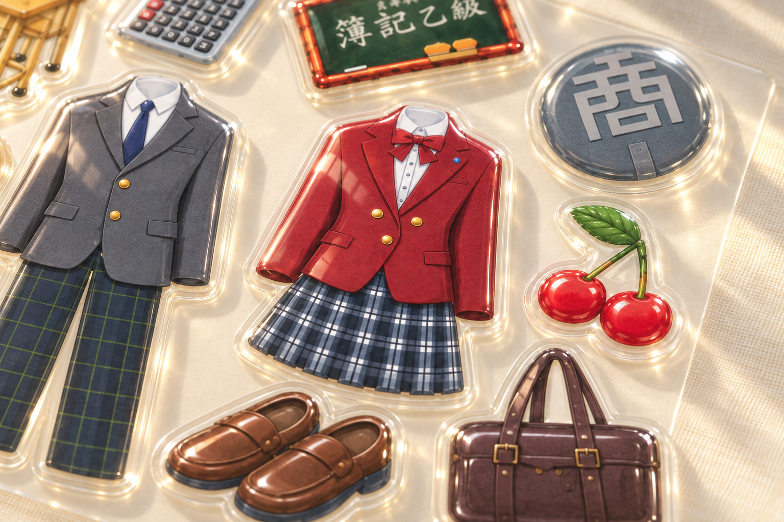 新しいシールシートの制服・鞄・さくらんぼを拡大したイメージ