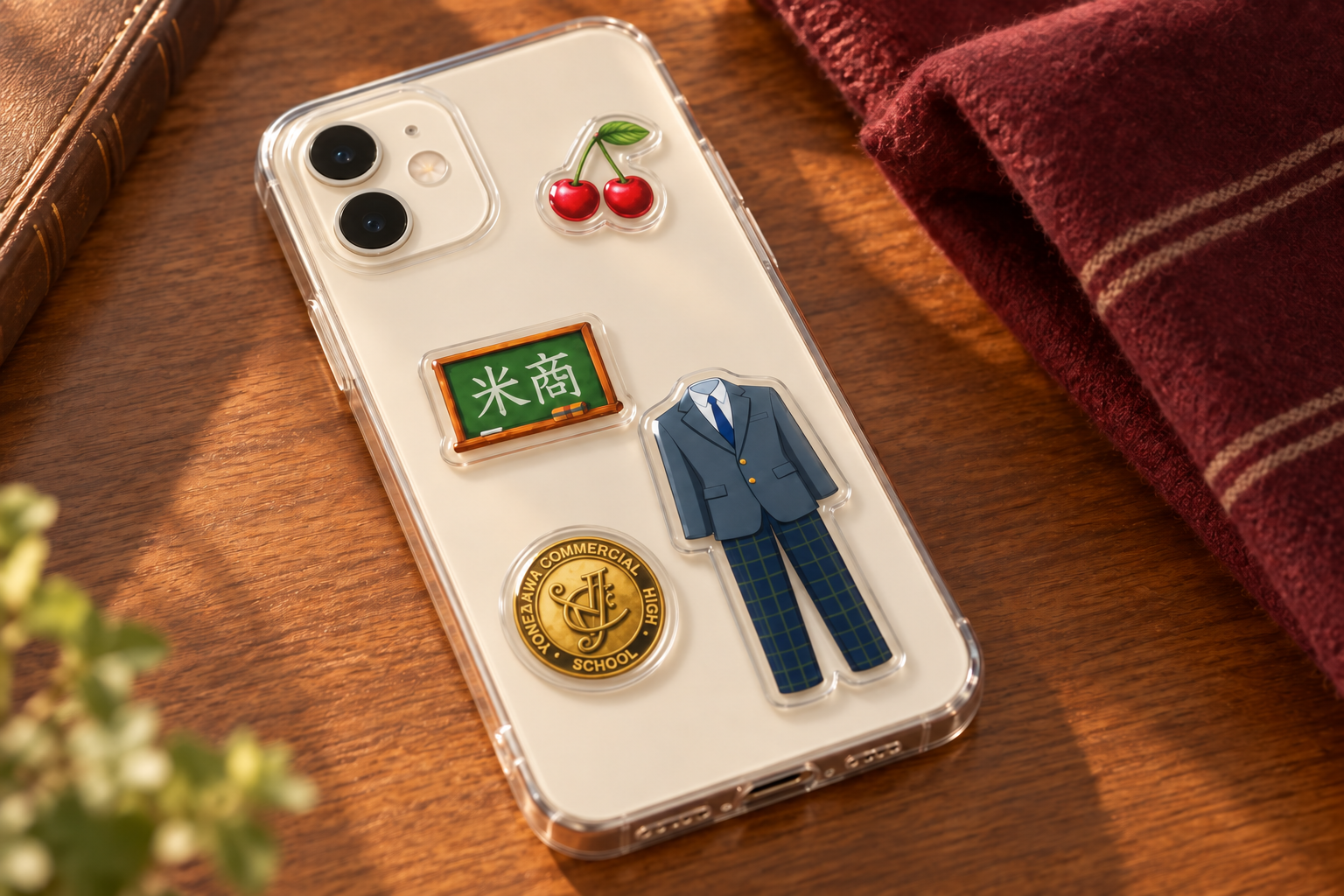 スマホケースに貼った制服と黒板の立体シール